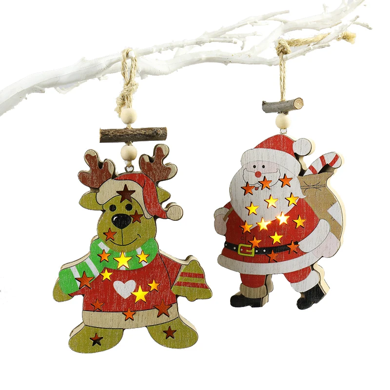 New Cartoon Decoration Wooden Glowing Santa Deer Ornament Chain Fun Cute Festival Christmas Tree Pendant Creative Christmas Gift