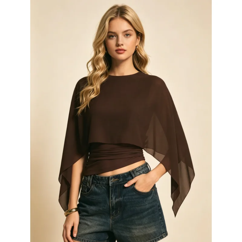 NEW Preppy Y2K Streetwear Tee Slim Fit Solid Color Round Neck Women's Chiffon T-shirt Summer Irregular Chiffon Cape Sleeve Tops