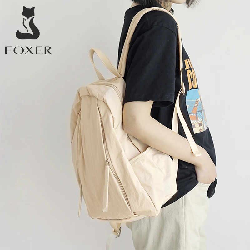 FOXER Simple Solid Color Backpack Women Backpack Waterproof Cotton Fabric Laptop School Bag Fashion Teenage Girl Travel Book Bag