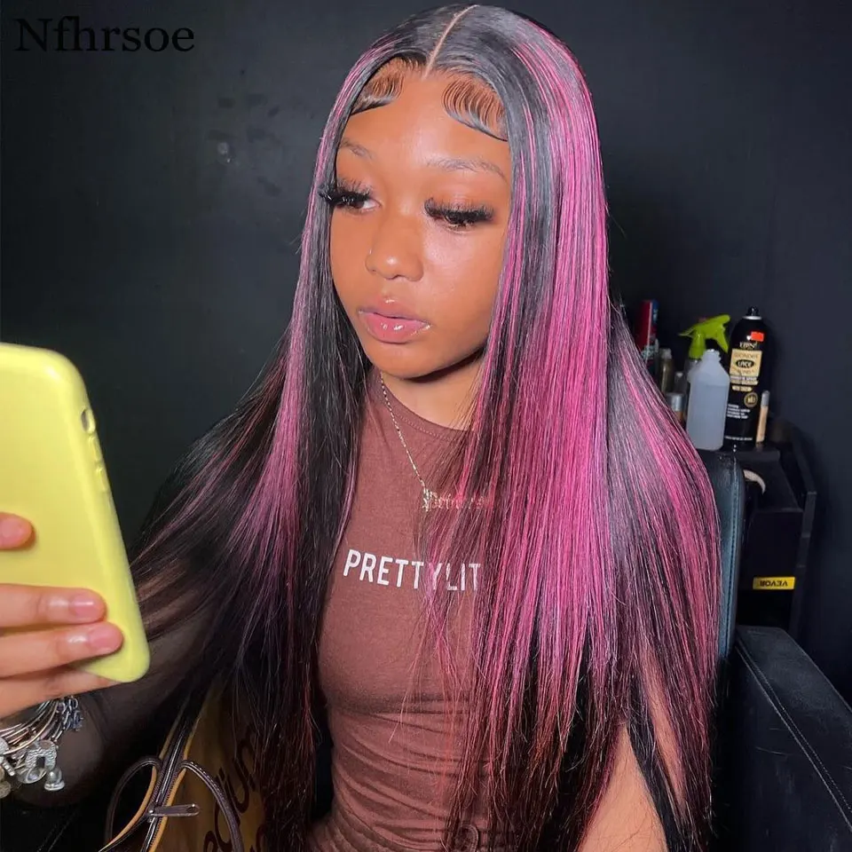 Highlight Pink Wig Lace Front Wigs Human Hair Peruvian Hair Straight HD Transparent Lace Frontal Wigs For Women Bleached Knots