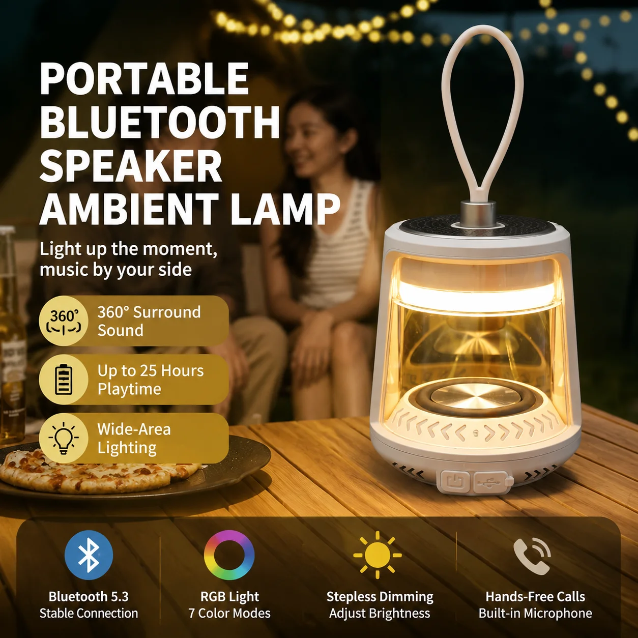 超長時間バッテリー駆動＆bluetoothスピーカー搭載の吊り下げ式キャンプライト、雰囲気のあるテントランプ、充電式アウトドアランタン