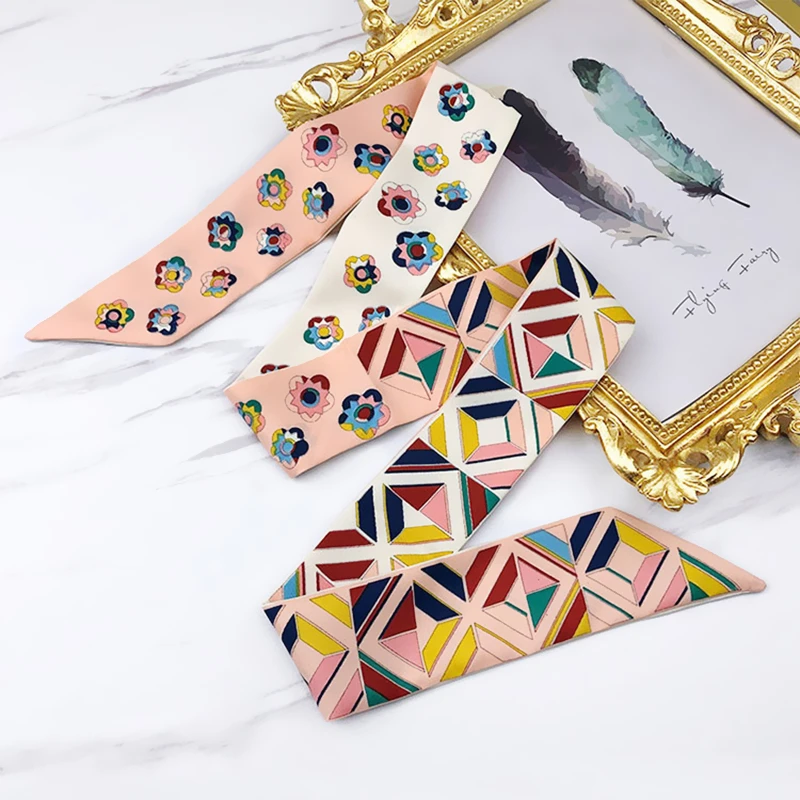 120cm LengthenedKorean Version Color-blocking Flower Fashion Ladies Fecoration Twill long Strip silk scarf Tie Bind a bag Ribbon