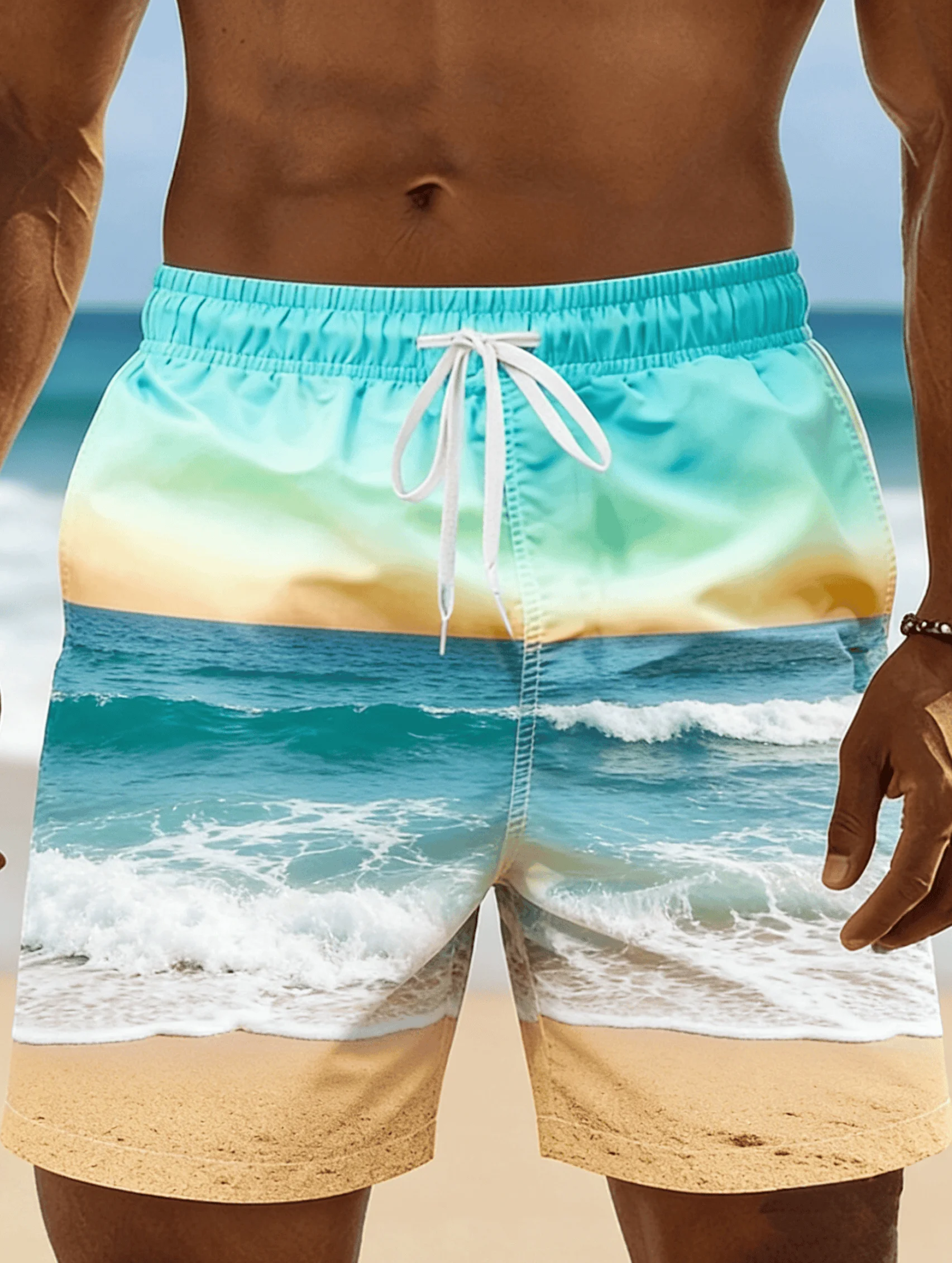 Retro Style Seaside Sunset Gradient Men's Beach Shorts, Casual Spring Summer Vacation Surf Swim Trunks
