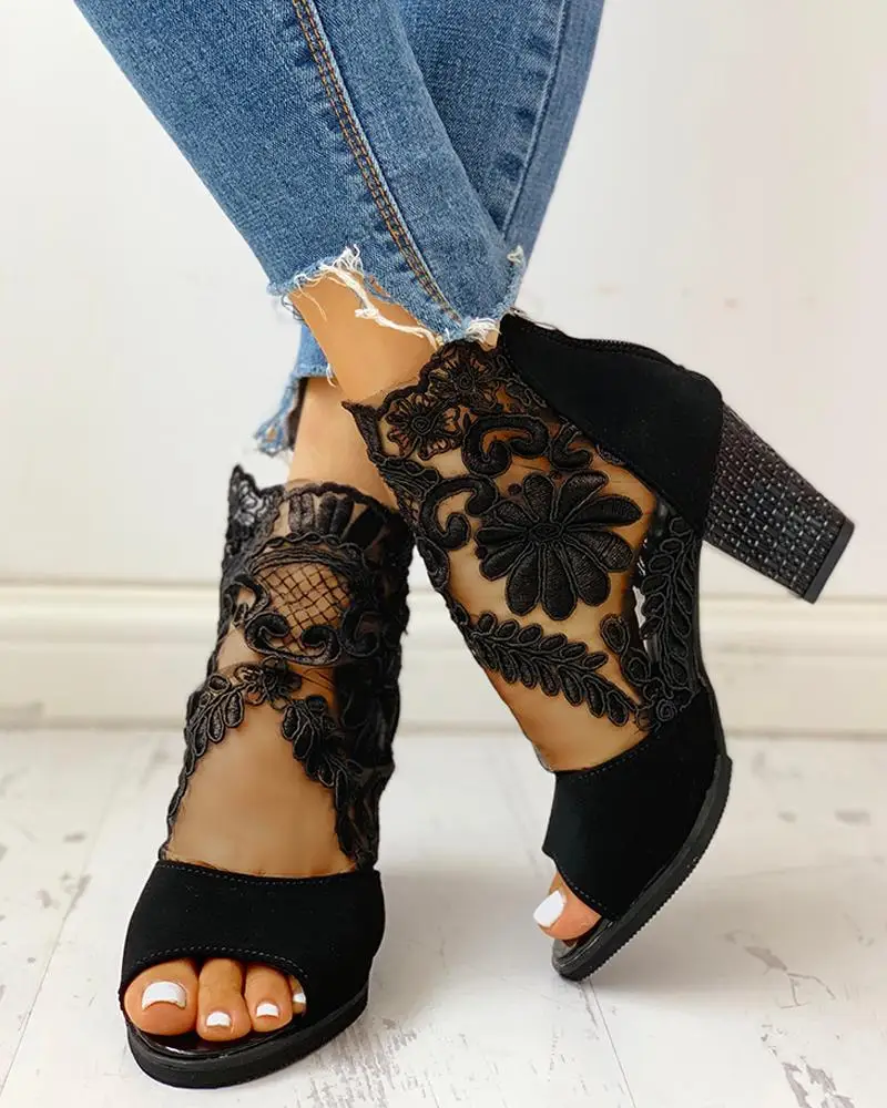 2022 New Fashion Women\'s Summer Sandals Casual Elegant Middle Heel Women\'s Shoes High Heels Mesh Lace High Heels Large Size 42