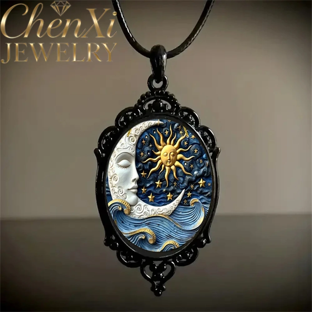Gothic Revival Necklace With Sun Moon Pattern Stars Planets Glass Pendant Popular Best Selling Simple Fashion Jewelry Gift