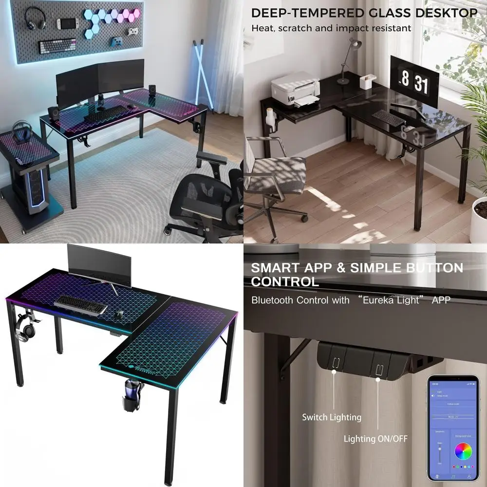 

60-дюймовый угловой компьютерный стол L-образной формы с двусторонним использованием, черное стекло, с RGB LED-подсветкой для игр и домашнего офиса