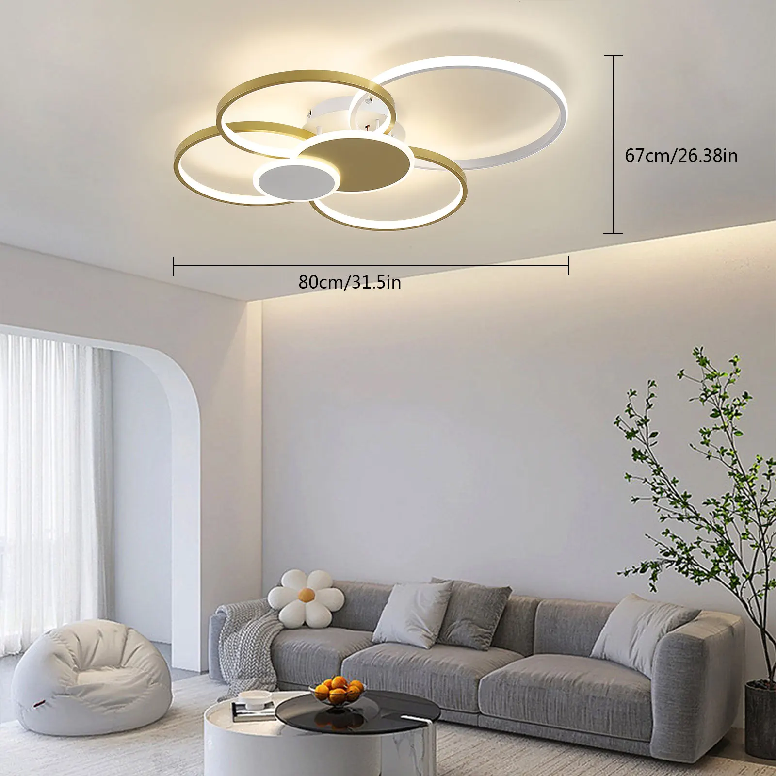 

Modern 110V Gold Round 6 Rings Flush Mount Ceiling Light 65W Dimmable LED Ceiling Lamp With Remote Control