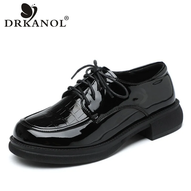 DRKANOL grande formato 41 42 moda donna scarpe Oxford punta tonda Lace-up tacco piatto scarpe Casual stile britannico scarpe da donna nere H8389