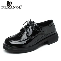 DRKANOL grande formato 41 42 moda donna scarpe Oxford punta tonda Lace-up tacco piatto scarpe Casual stile britannico scarpe da donna nere H8389