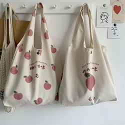 Peach Canvas Tote Bag Purses and Handbags for Women Shopper Cute Designer Shoulder Bag Japanese Kawaii Style Print Eco Bag