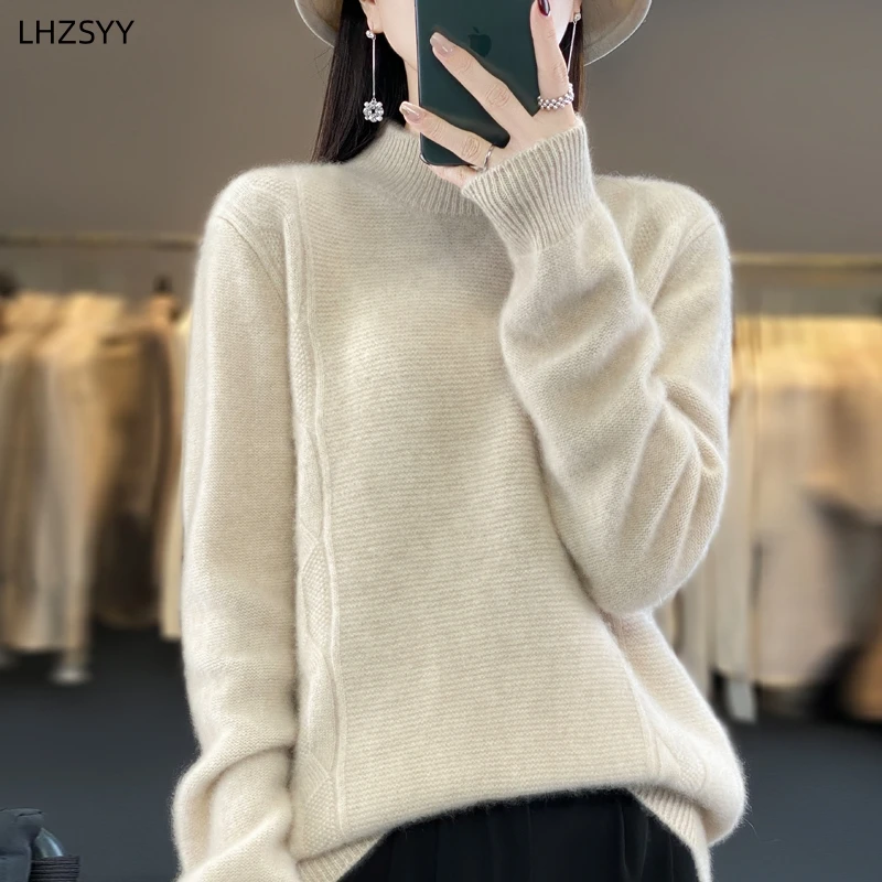 

LHZSYY 2023Winter Cashmere Sweater Women' Half Turtleneck Pullover Long Sleeve Thick Large Size Sweater Warm Pure Wool Knit Tops