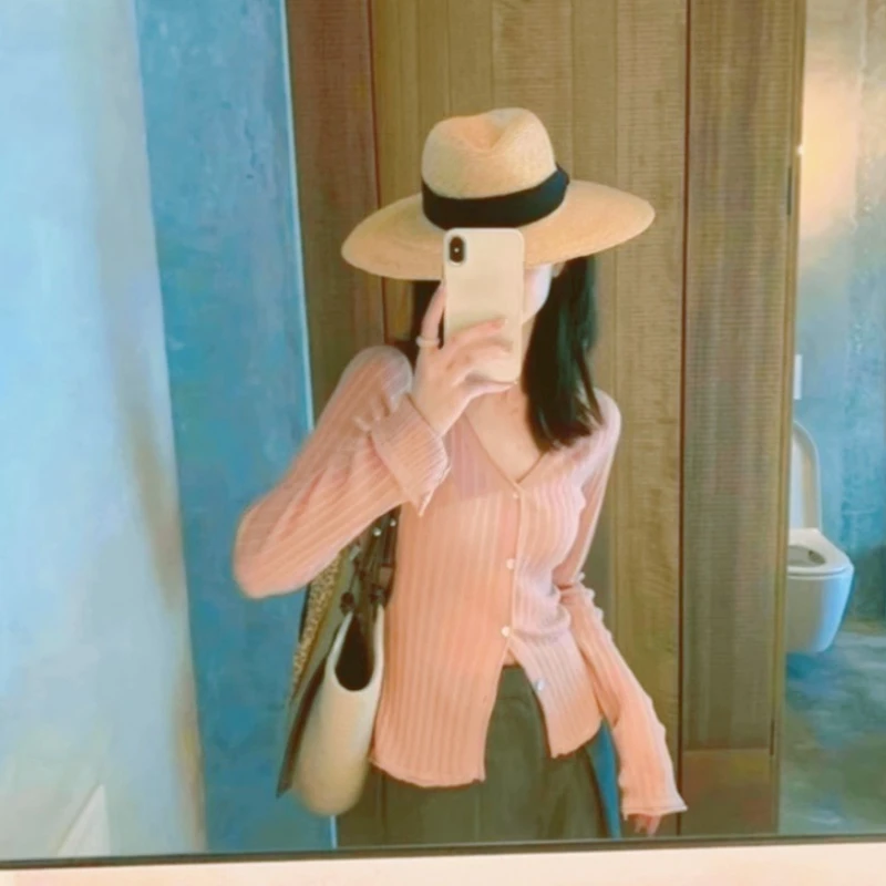 

2025 Women Summer Thin Knit Cardigan V-Neck Long Sleeve Sweater Girl Outfit Youthful Korean Style Slim Fit Casual Layering Top