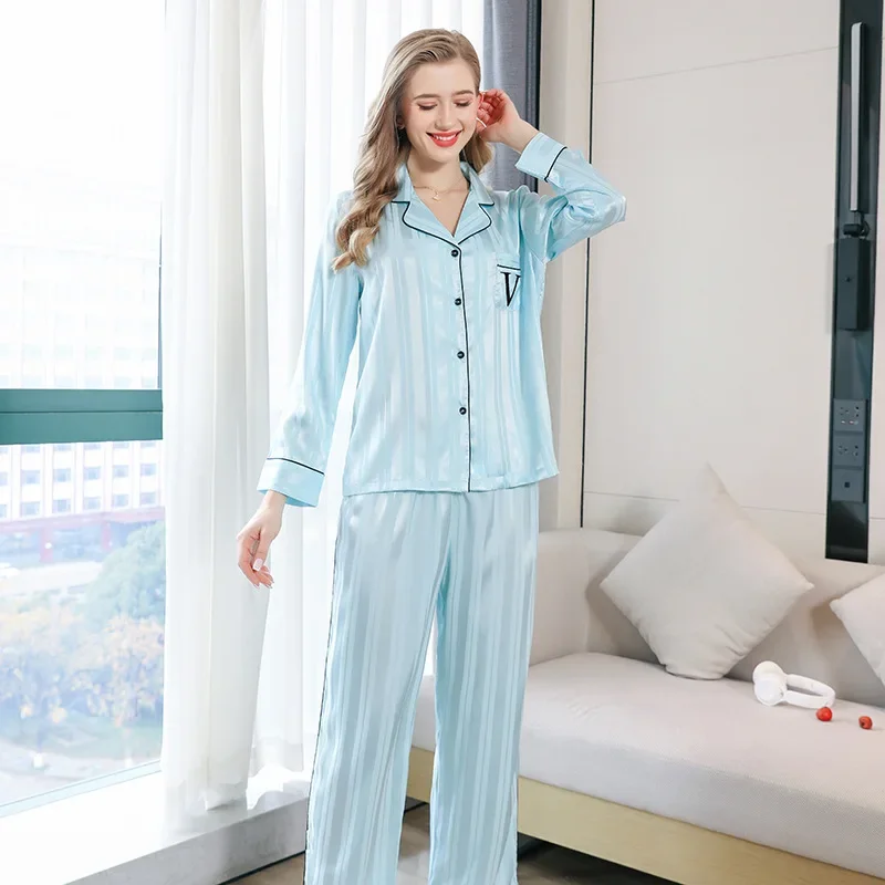 Same pink striped jacquard striped pajamas for women Пижама Long sleeved pants set for home wear  sleepwear  sexy sleepwear