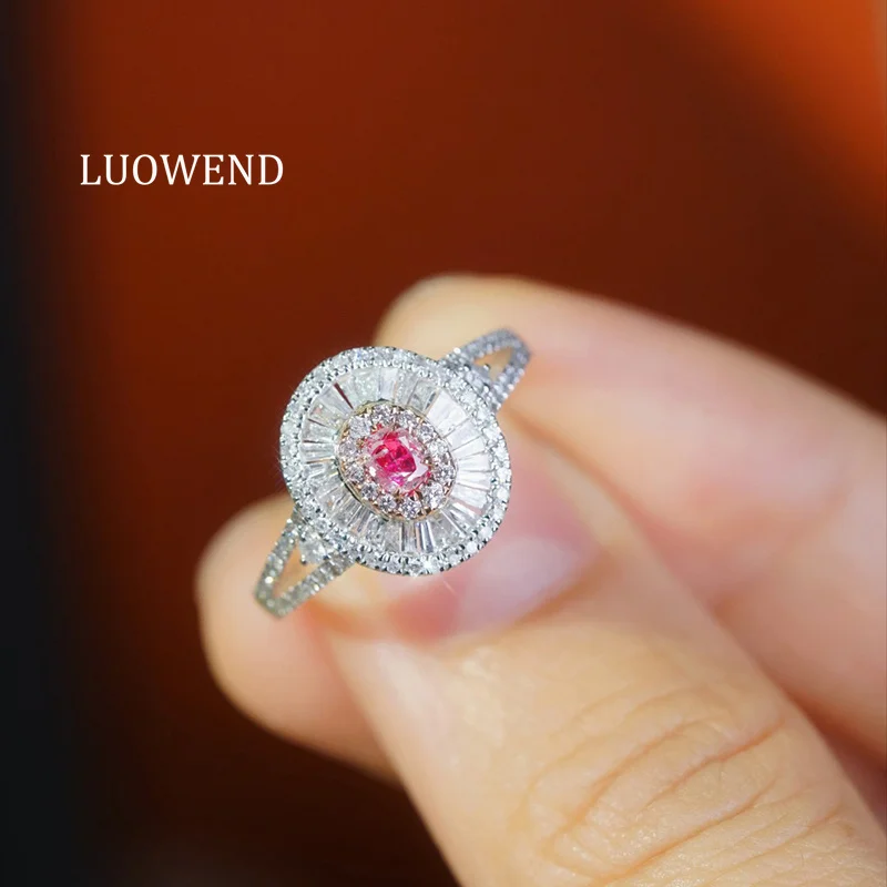 

LUOWEND 100% 18K White Gold Rings Fashion Oval Shape Real Natural Pink Diamond Engagement Ring for Women High Party Jewelry