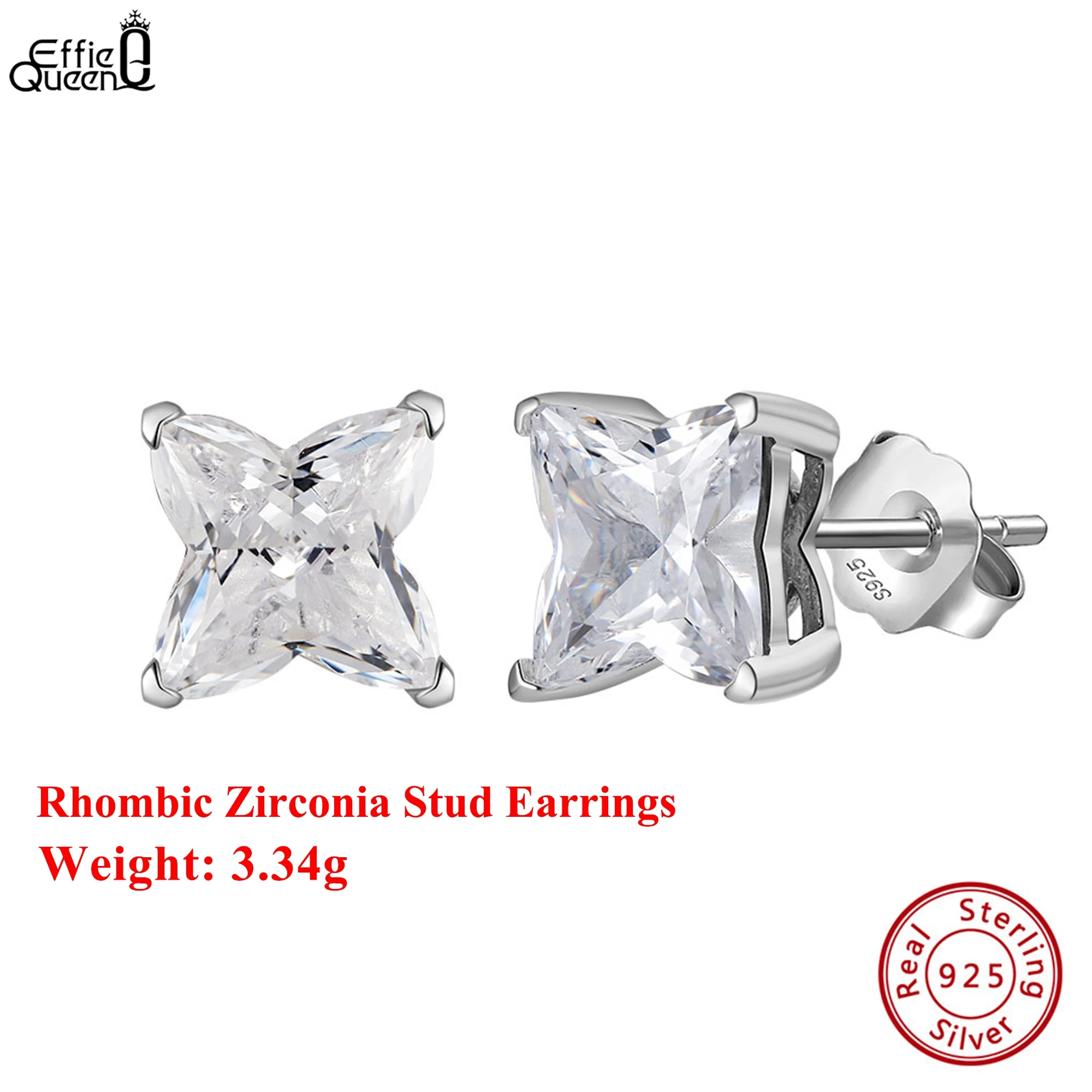 

Effie Queen 100% S925 Silver Rhombic Shaped Zirconia Stud Earrings Simple Jewelry for Women Wedding Party Ear Accessory LZE43