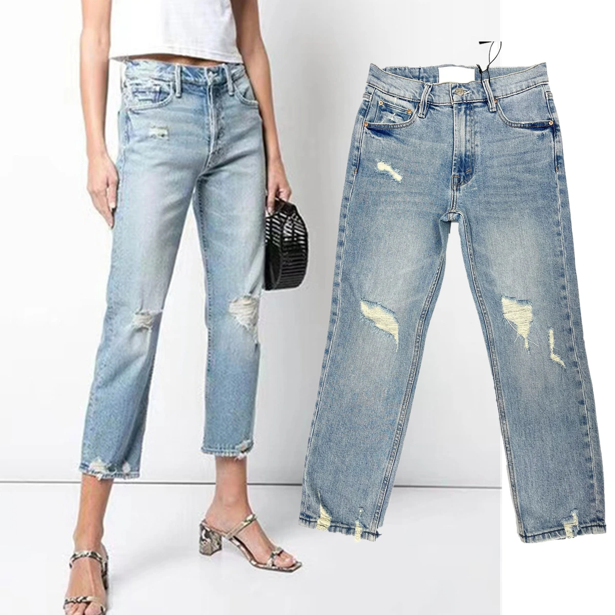 Withered 2025 Summer Denim Pants Boyfriend Ripped Jeans High Waisted Light Blue Distressed Vintage Cropped Jeans For Women