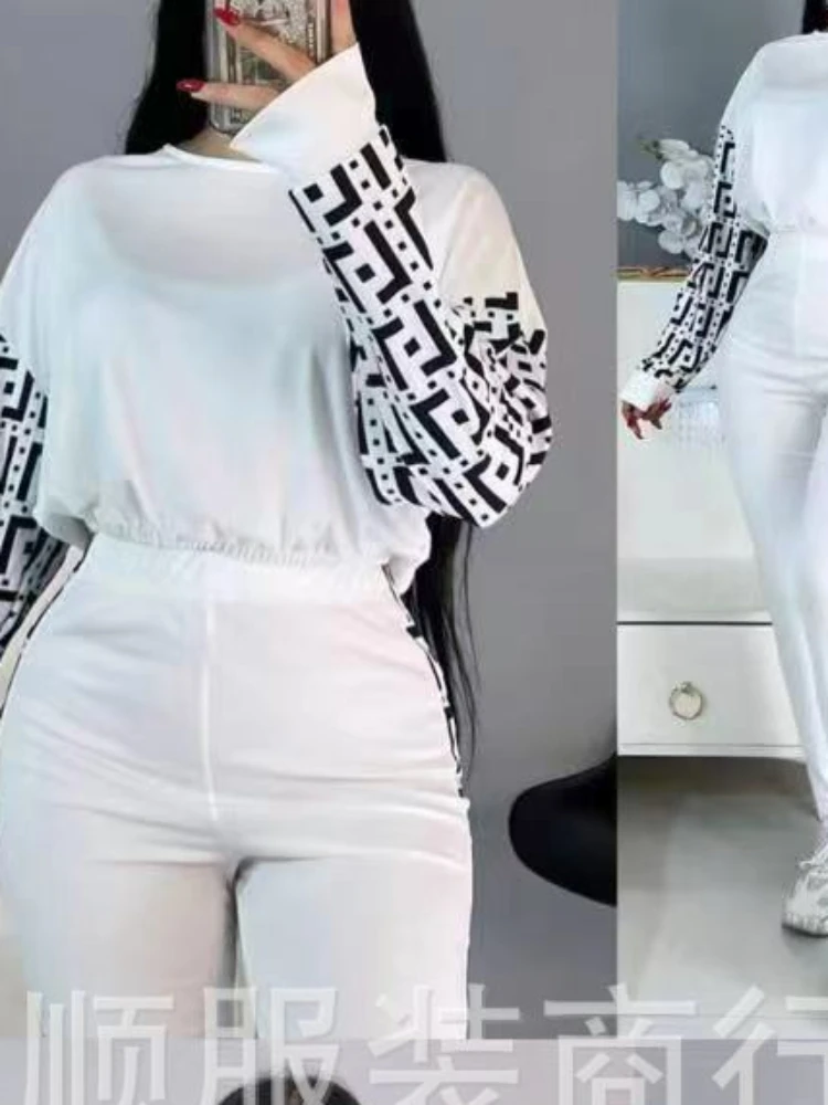 

Women Two Piece Sets Pants Set Sexy Sheath Slim Tracksuit Round Neck Sport Short Tops Print Elastic Waist Long Pencil Pants