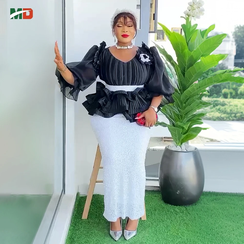 MD Африканские платья для женщин 2025 Новое вечернее свадебное платье больших размеров с блестками Элегантные марлевые топы Одежда с пышными рукавами