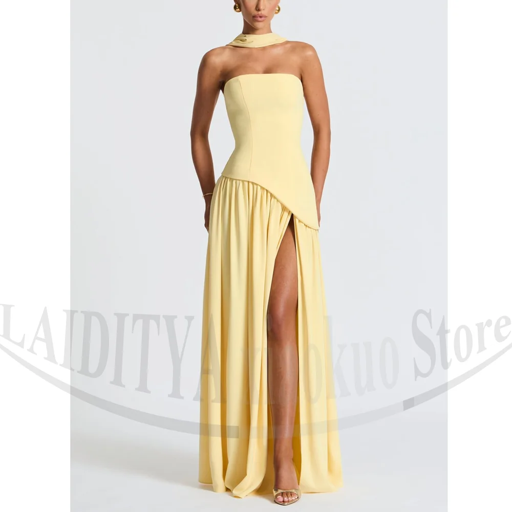 

Chic Evening Dresses Strapless Draped Party Gowns with Scarf Women Customized Fashion Floor Length Slim Side Slit Prom Dresses