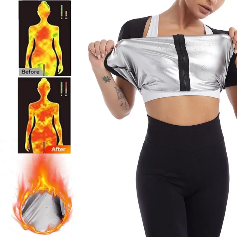 熱トラップ女性サウナスーツ半袖ジッパーデザイン脂肪燃焼フィットネス服圧縮プッシュアップサウナ発汗シャツ