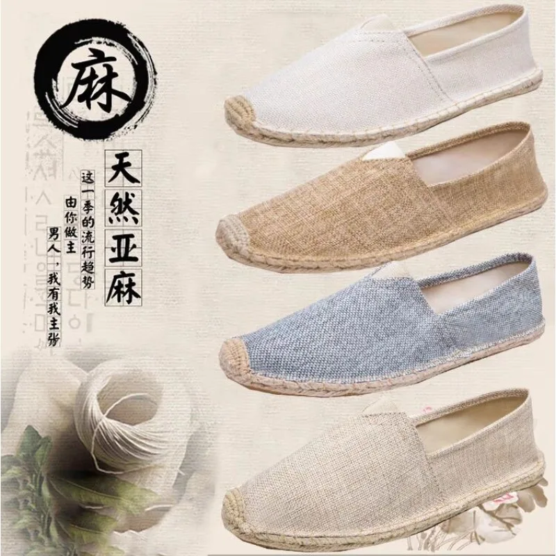 

Women Sewing Flax Shoes Slip on Loafers Casual Shoes Man Espadrilles Hemp Canvas Flat Shoes Plus Size Fisherman Driving Footwear