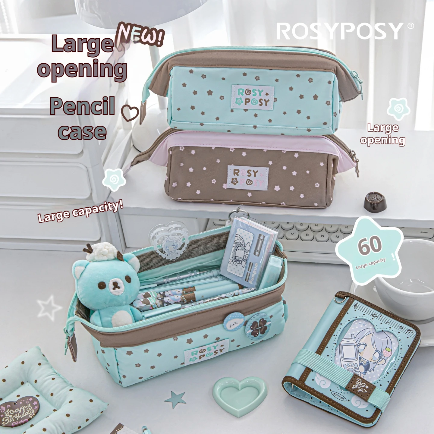 ROSYPOSY Star Print Fabric Pencil Case Large Open-Top Trays Triangular Prism Retro INS Style Aesthetic Stationery Storage Pouch