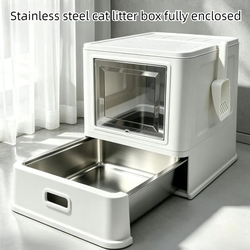 Stainless Steel Cat Litter Box Drawer Fully Enclosed Large Cat Bedpans High Odor Proof Cats Litter Boxes Pet Cleaning Supplies