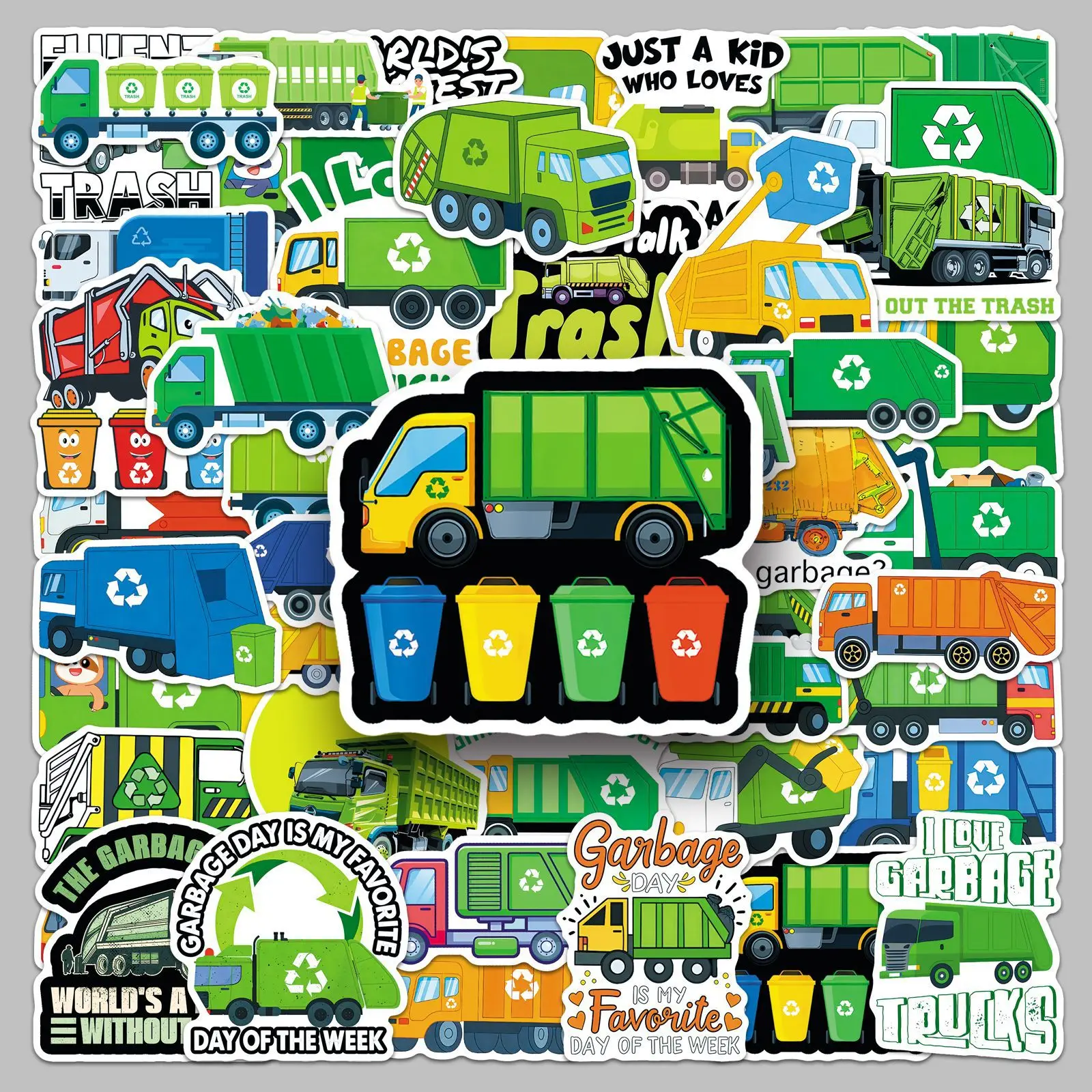 50pcs Garbage Truck Phone Stickers Cars Buses Creative Mobile Phone Skateboard Waterproof Decals Decor Stickers Gift for Teens