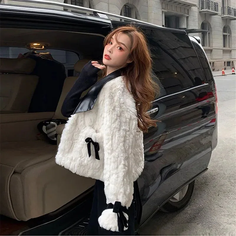 Xpqbb Fashion Short Plush Jacket Women Korean PU Leather Patchwork Turndown Collar Coat Winter New Bow Thick Warm Wool Jackets