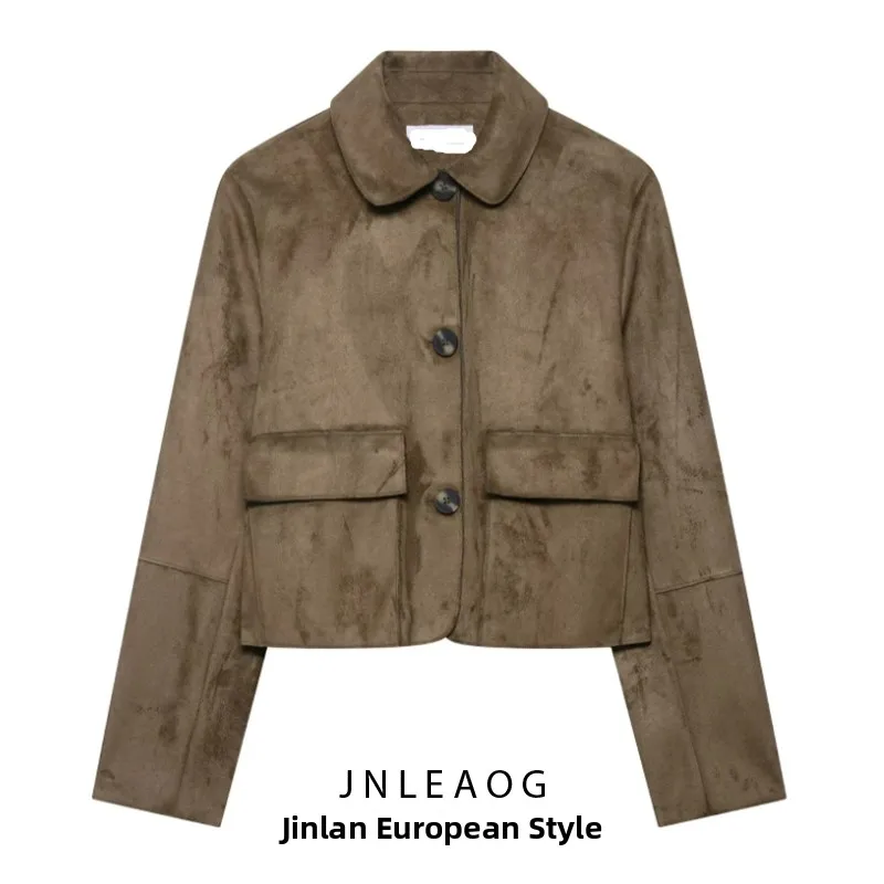 

Faionable ort Faux Suede Effect Jaet Women's Autumn New Sle Versatile Design Sense Polyester Fiber Long Sve Coat