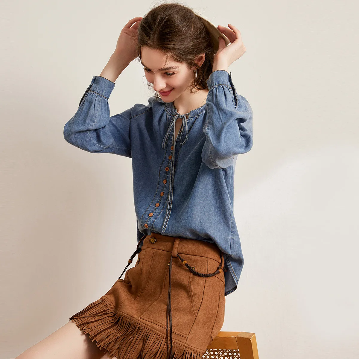 LOUIS YAO New Lace-up Tie-Front Collar Women's Denim Shirt 2025 Spring Raglan Sleeve Long-Sleeve Blouses Denim Tops