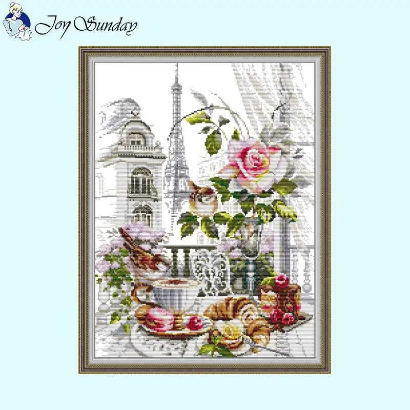 Joy Sunday French Breakfast Cross Stitch Embroidery Set 14CT Count 16CT 11CT White Printed Needlework Sewing Kits DIY Home Decor