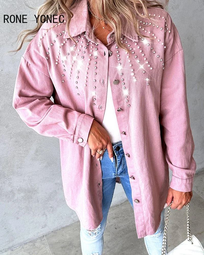 Women Chic Rhinestone Decoration Solid Long Sleeves Straight Loose Fit Shirt Jacket Tops