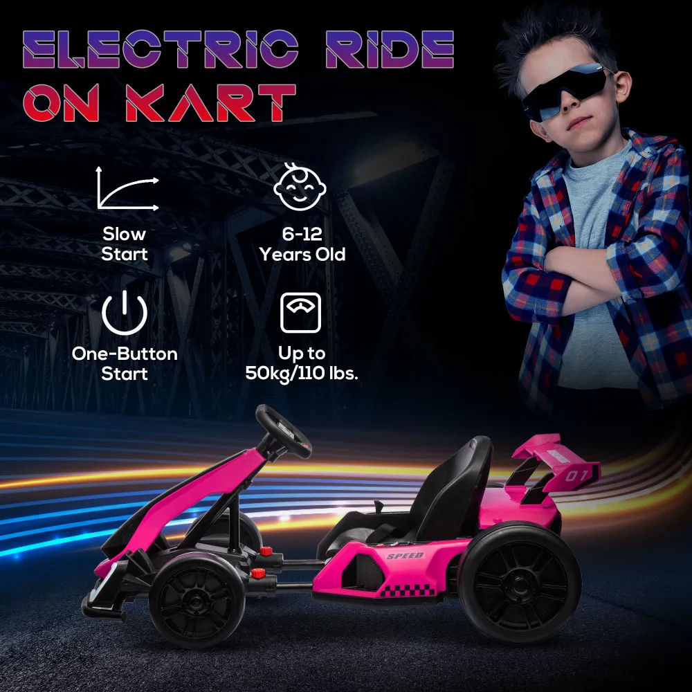 Go kart elettrico da 6-12 anni 24V 7,5 MPH con sedile regolabile, giro a batteria per auto alla deriva su giocattolo all'aperto con avvio lento
