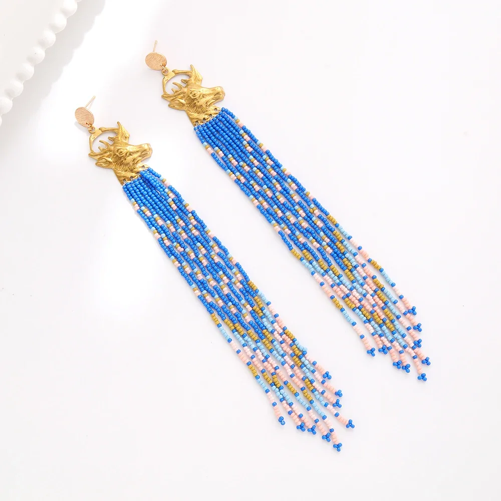Beaded earrings Tassel Deer head Bohemia Gradient color Hand textile Versatile Design Alloy Fmale Simple Rice bead earrings