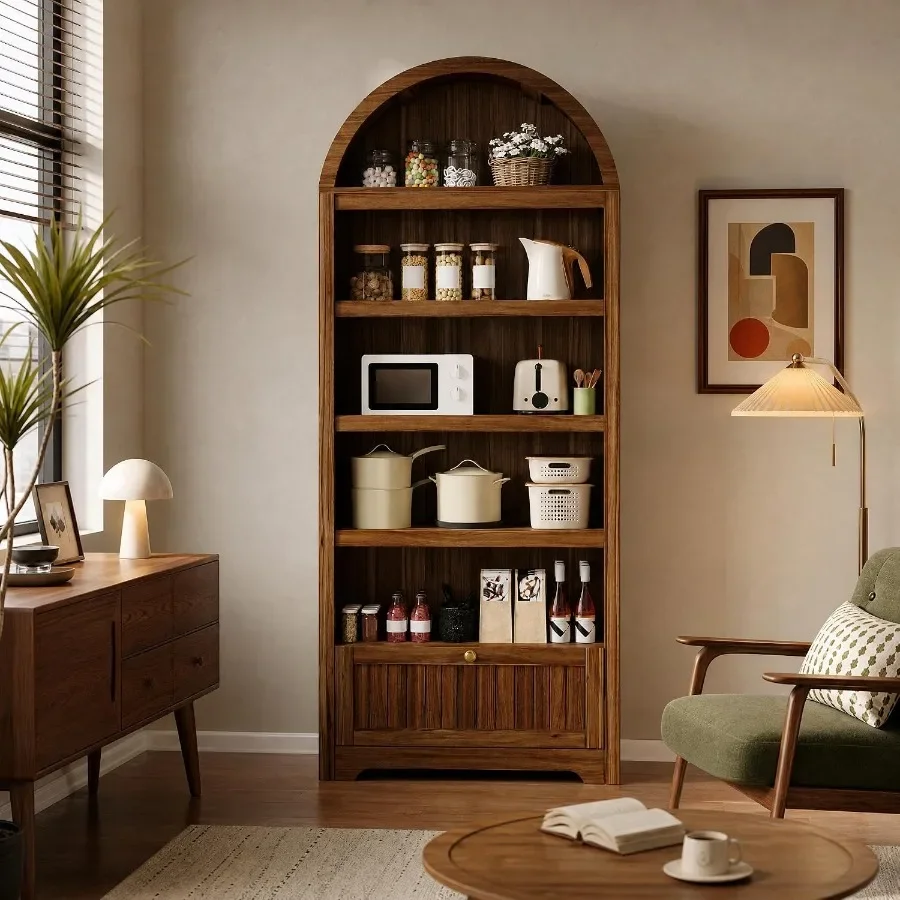 Arched Bookshelf with Drawer for Living Room, Solid Wood, White, Space-Saving Design with Smooth-Glide Drawer