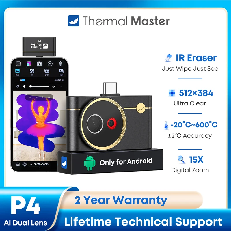 Thermal Master P4 for Android, Thermal Imaging Camera with AI Dual Lens 512x384, 15×, -20°C to 600°C for HVAC Home Inspection