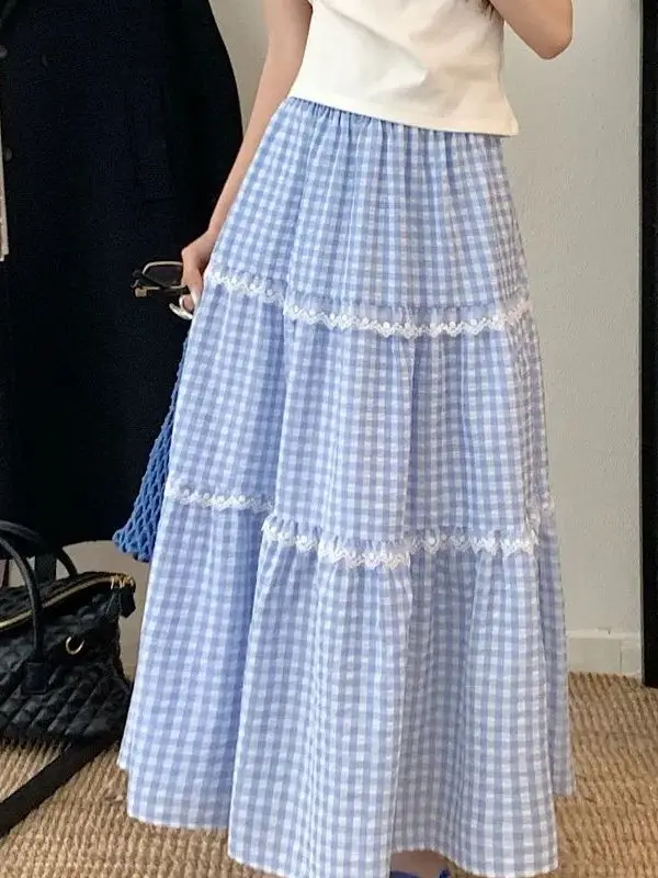 Korean Style Beautiful Lace  Plaid  Skirt Women's Summer Loose Meat Covering All-Match Drapey Long Skirt