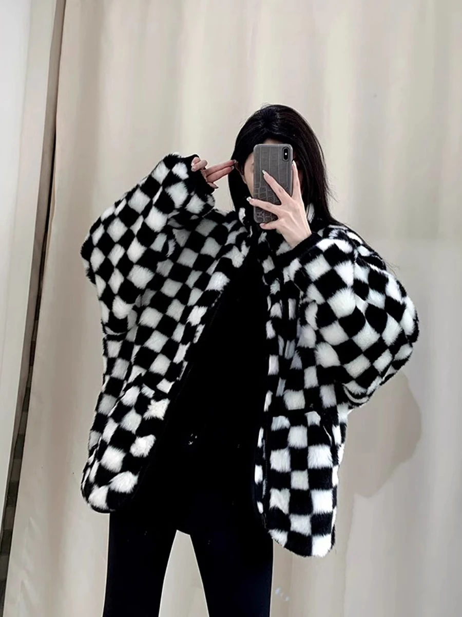 NIGO LP Women's Winter Checked Warm Colorblocking Zipper Long Sleeve Cotton Jacket #nigo61312