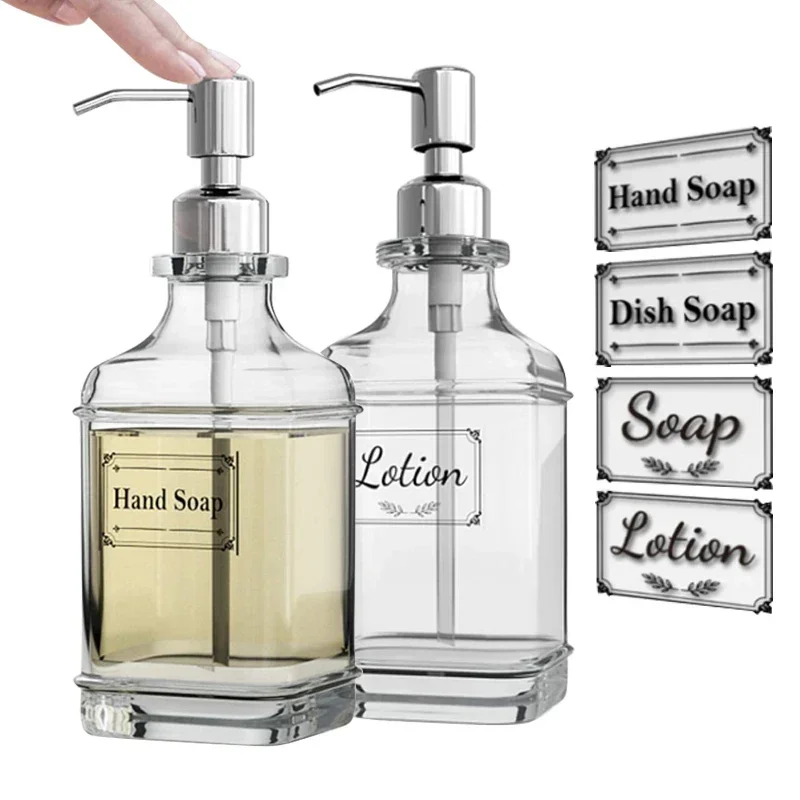 300/550ml Soap Dispenser Antique Thick Glass Hand Soap Dispenser Stainless Steel Pump with 4Pcs Clear Labels