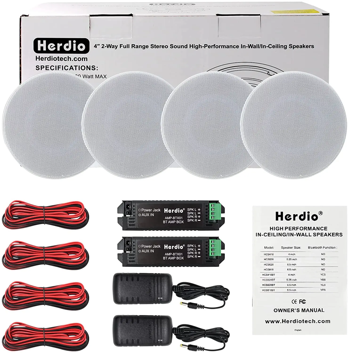 Herdio 4 Inch 320W 4PCS Home Audio 2-Way Flush Mount Bluetooth Ceiling Speaker For Bathroom Kitchen Living Room Office 4 Speaker