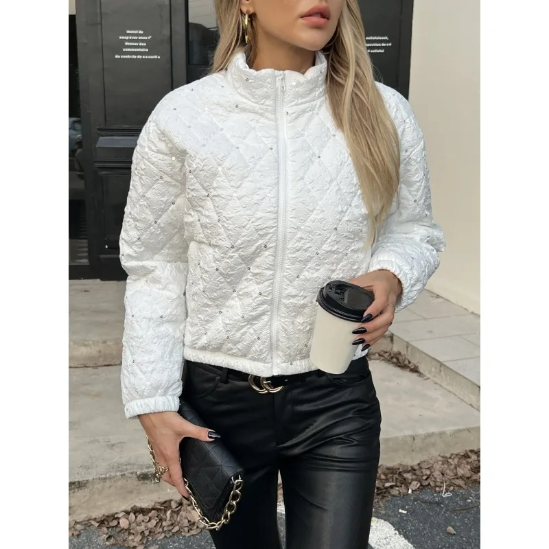 

Tinaa White Sequins Parkasa для женщин, новинка 2025, свободная посадка с воротником-стойкой и длинными рукавами, простые базовые куртки на выход, пальто 195257