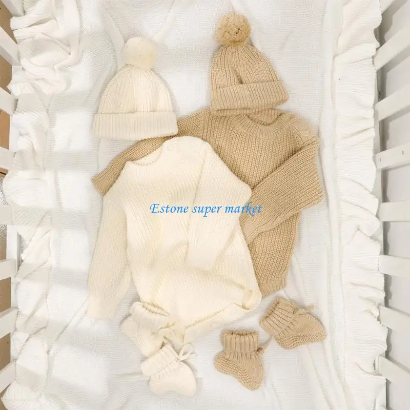 

090B Soft Knitted Hat Socks Baby Booties with Matching Hat Set for Infants Breathable