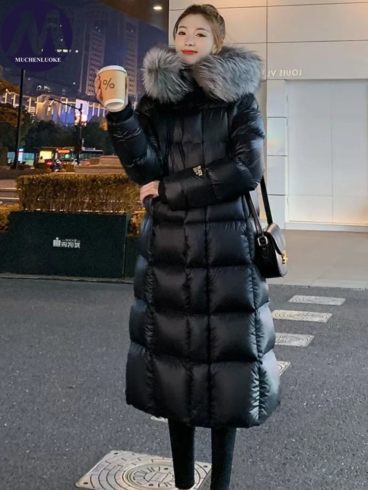 

Women's Elegant Hooded Down Jacket with Fur Collar, Thick Cotton Coat, Korean Fashion, Slim Fit, Long Parkas, Winter, New, 2020