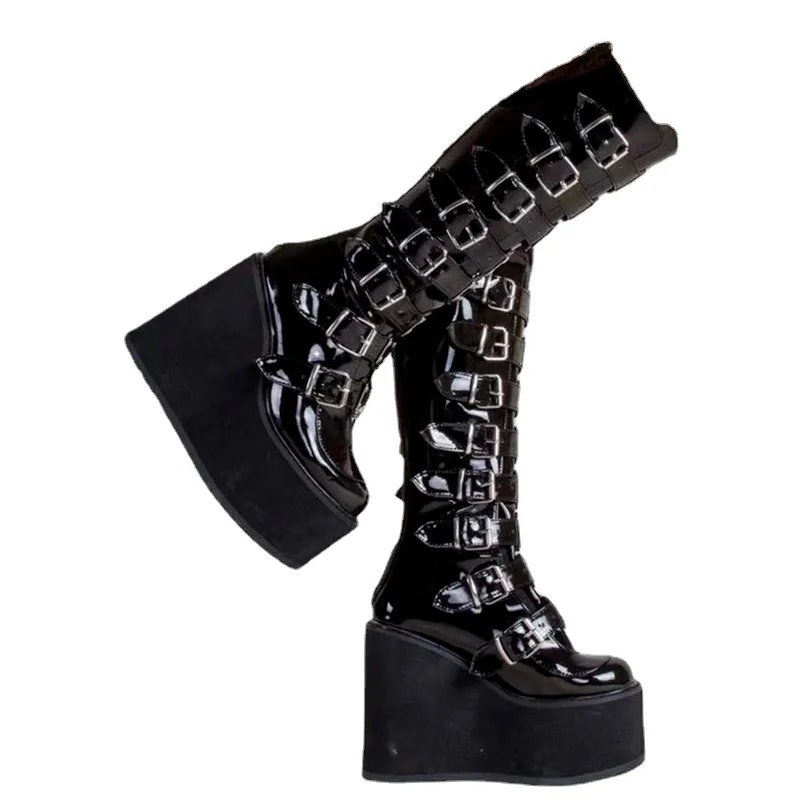 Womem Shoes 2022 Plus Size 43 Luxury Design Platform Thick Heel Women Punk Cool Gothic Black Buckle Shoes Woman High Boots