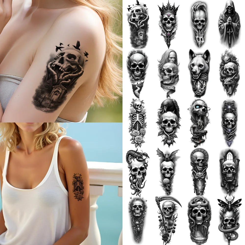 

12pcs Temporary Tattoo Skull Black And Grey Realism Insects Animal Realistic Temporary Tattoos Flowers For Thighs Arms Adults
