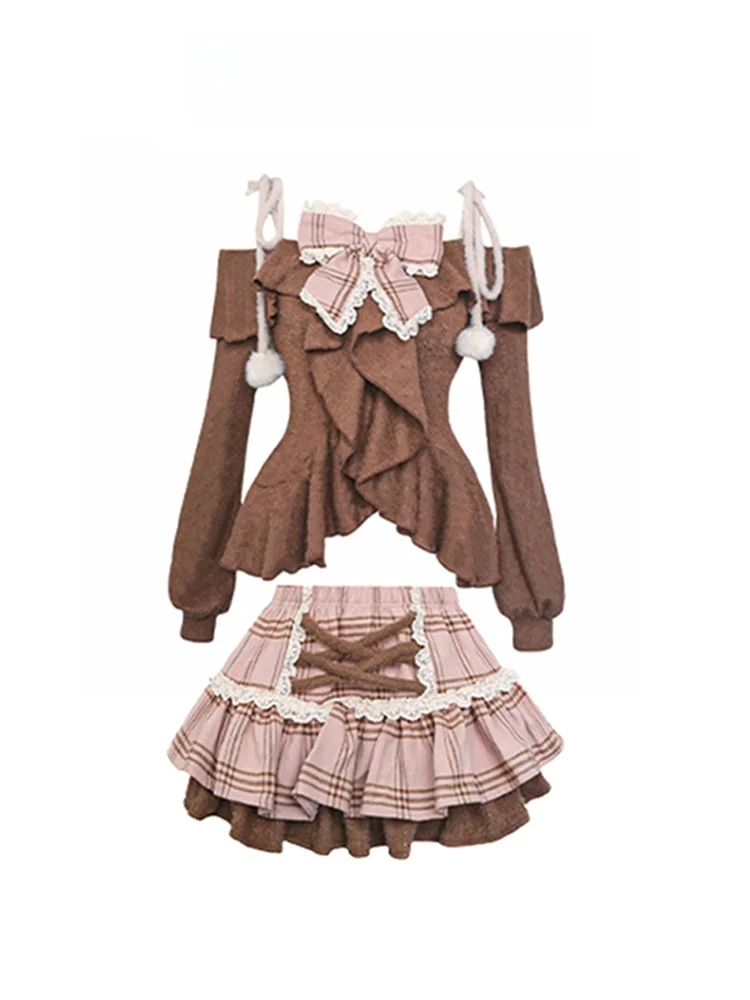 

Коричневый клетчатый пышный све женский модный комплект осень-зима винтажный топ из норкового меха и юбка комплект из двух предметов Sweet Spicy Gir...