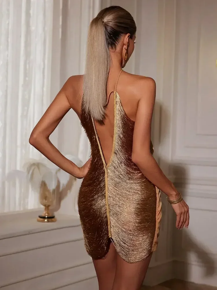 فستان نسائي قصير أنيق لامع بشراشيب وحمالات رسن موضة بدون أكتاف بدون أكمام بدون ظهر فستان نحيف للسيدات للحفلات المسائية