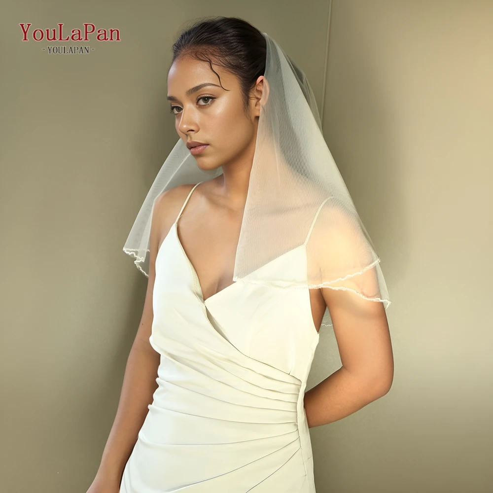 YouLaPan V173 Wedding Veil with Pearls Edge Shoulder Length Bridal Veil with Partial Trim 2 Tier Beaded Edge Veil for Girl First