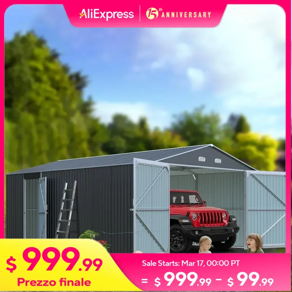 20x13 FT Outdoor Storage Shed, 2 Doors and 4 Vents, Metal Garage, Backyard Tool House Building